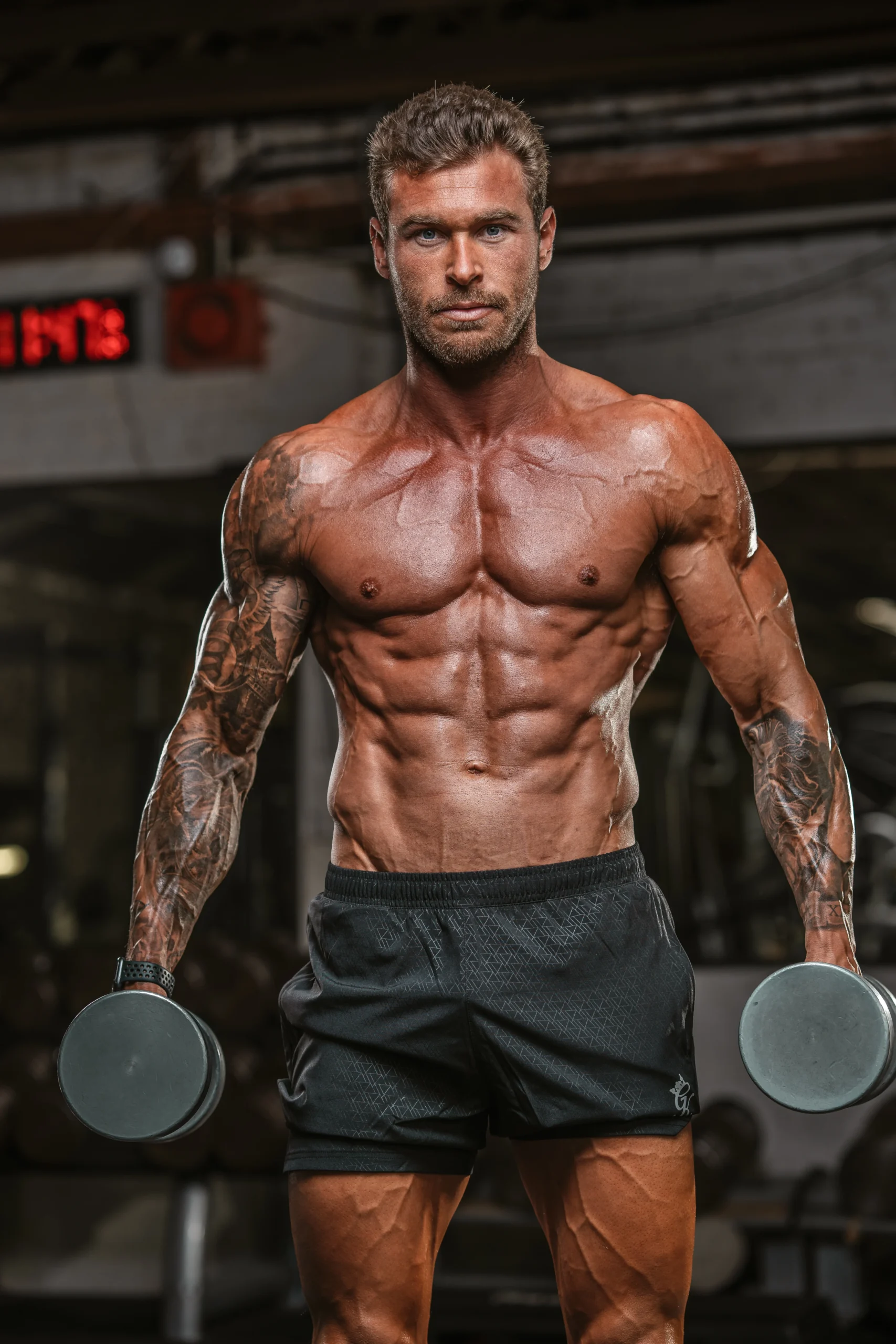 Luke, The Body Project Owner, topless holding dumbbells during a photoshoot